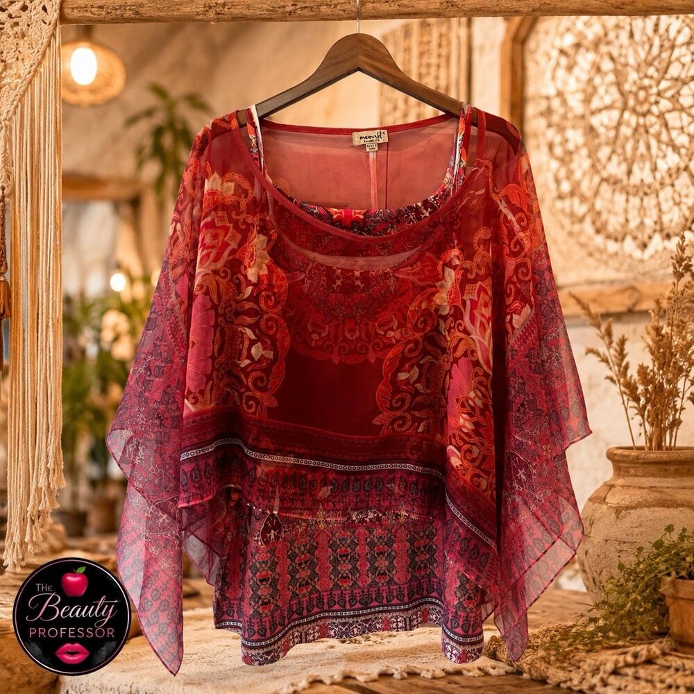 💋 OneWorld Live and Let Live XL Boho Paisley Sheer Layered Tunic Top